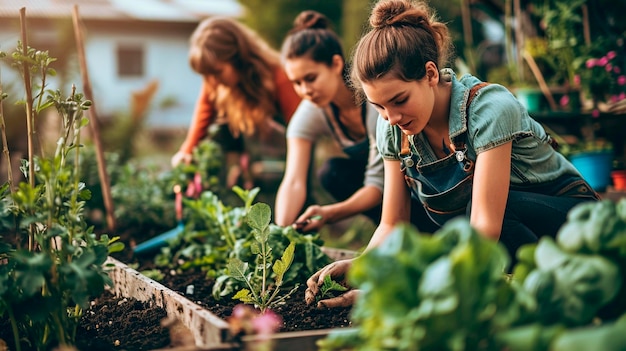 人々が庭に植物や花を植える 選択的な焦点