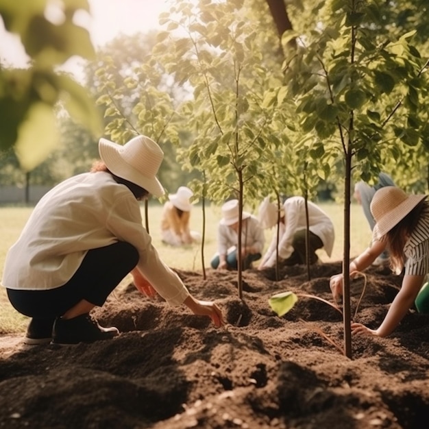 people plant trees in the park