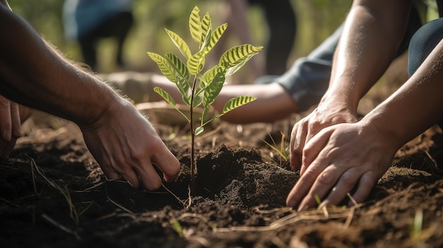 People planting trees or working in community garden close up