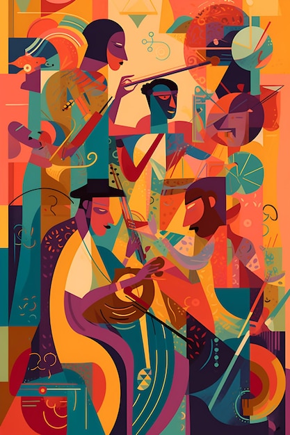 People play musical instruments colorful abstraction