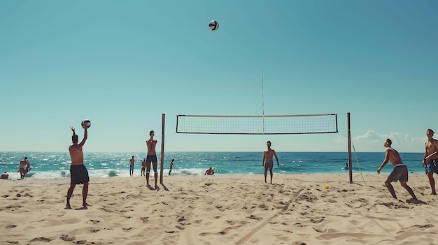 Люди играют в пляжный волейбол в солнечный день Голубое небо и океан обеспечивают прекрасный фон для игры