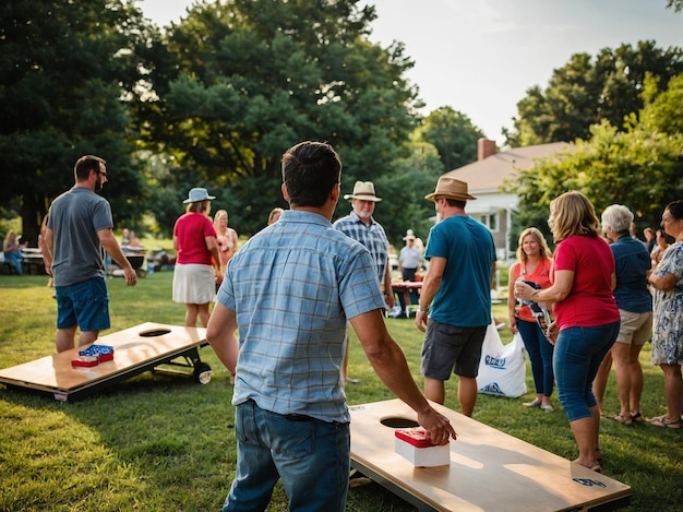 Photo people playing cornhole at a labor day barbecue