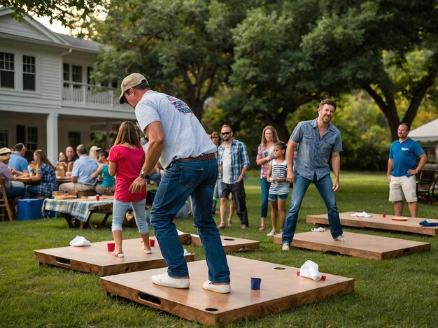 Photo people playing cornhole at a labor day barbecue