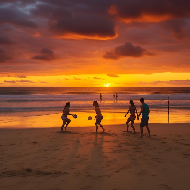 People playing soccer on the beach at sunset with a colorful sky in the background.