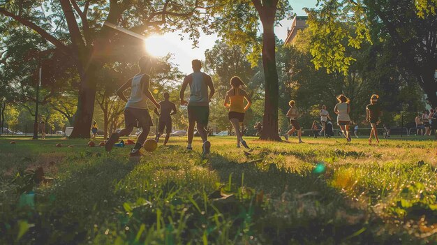 写真 公園でサッカーをしている人々