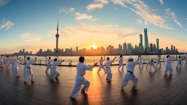 People practice taiji on the bund oriental pearl tower in the distance in Shanghai China