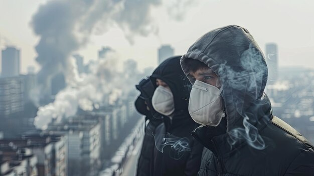 Photo people in protective mask air pollution city smog from factory concept background concept