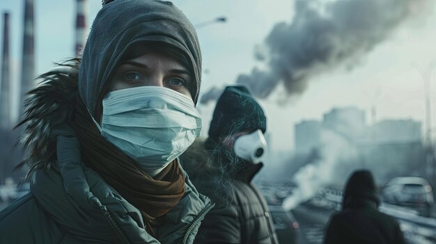 People in protective mask Air pollution city smog from factory concept Background concept