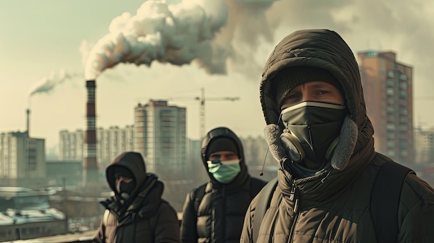 Люди в защитных масках Загрязнение воздуха городской смог из фабрики концепция Фонная концепция