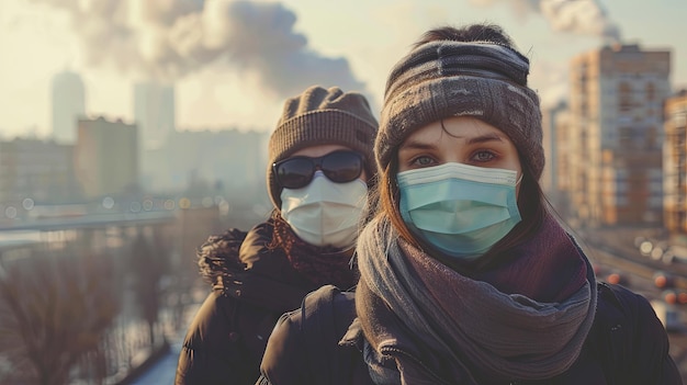 People in protective mask Air pollution city smog from factory concept Background concept