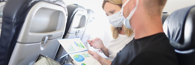 Photo people in protective masks with documents on the plane