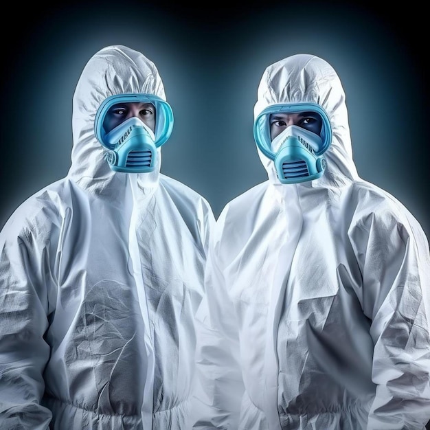スペインのインフルエンザの流行からコロナウイルスに汚染された背景から保護スーツを着た人々
