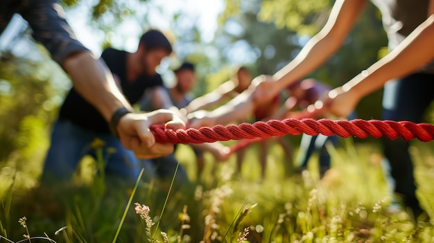 Photo people pulling ropes together show strength and teamwork