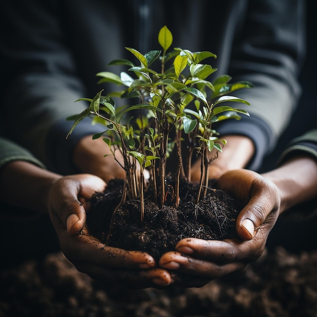 People_put_their_hands_together_and_hold_a_small_tree_sp