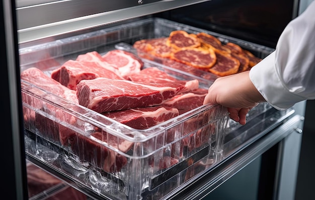 Photo people putting frozen meat into a deep zer in the style of transparent layers