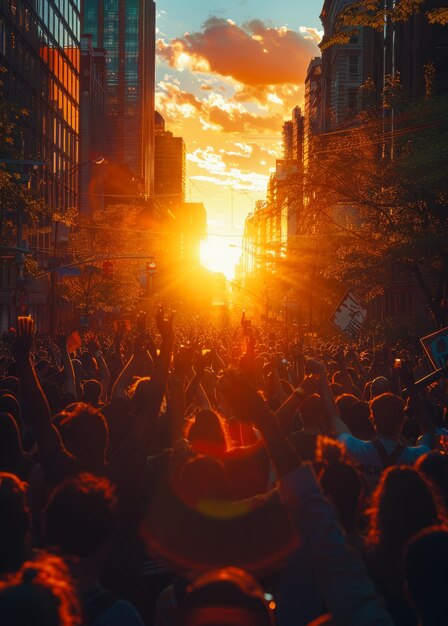 People raise their hands in the air at sunset A group of people at a peaceful protest against social injustice on a city street