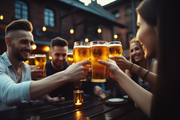 People raising beer mugs at pub brewery happy friends cheering happy hour at bar party social gathering time concept