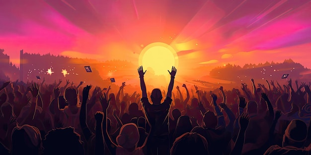 people raising their hands at an outdoor music festival in the style of light orange and bronze