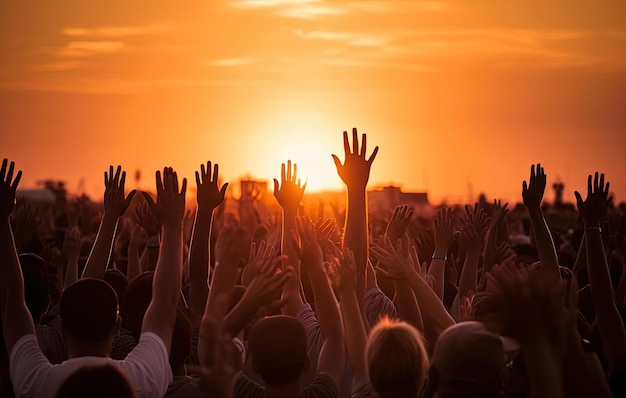 people raising their hands at sunset in the style of multicultural fusion