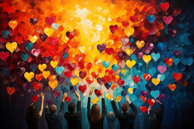 People reach their hand to colorful hearts in the sky volenteer and humanitarian help concept