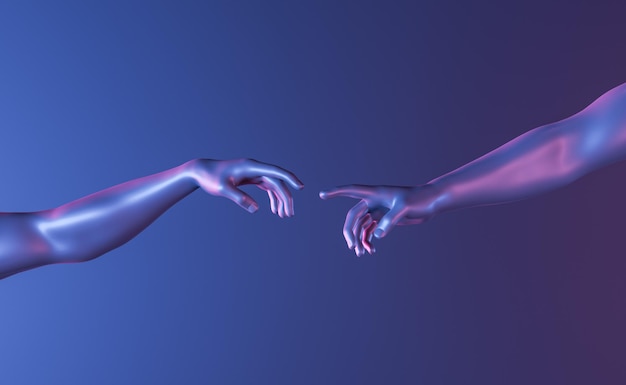 Foto persone che si allungano le mani l'una verso l'altra con luci al neon