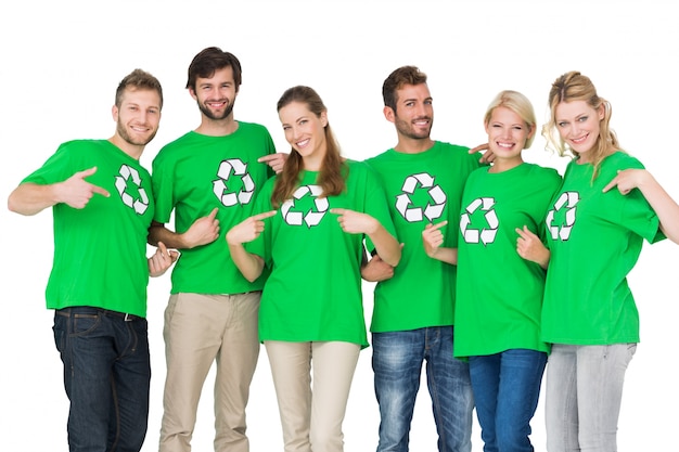 People in recycling symbol t-shirts pointing to themselves