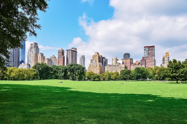 Photo people relaxing and enjoying of a sunny day in central park nyc skyline in the background free time leisure and travel concept new york city united states