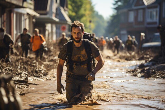 People and rescue team help out each other in scenes with extreme weather conditions flood some ho