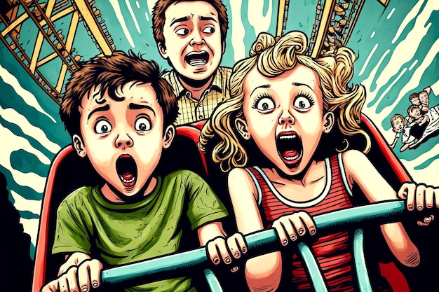 Photo people ride roller coasters in amusement park and scream in fear