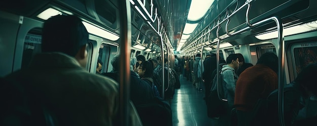 people ride the subway to work concept blurry image in the style of dark teal and light red