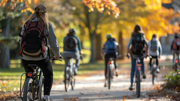 People riding bicycles on a park path in the fall