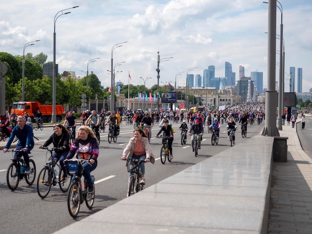 People riding bikes bike marathon Healthy lifestyle Russia Moscow 2023