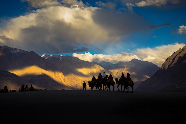 People riding camels against mountains during sunset
