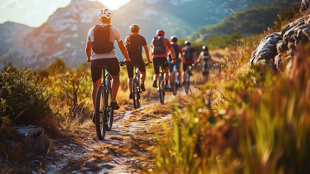 People riding mountain bikes on a dirt trail through the mountains