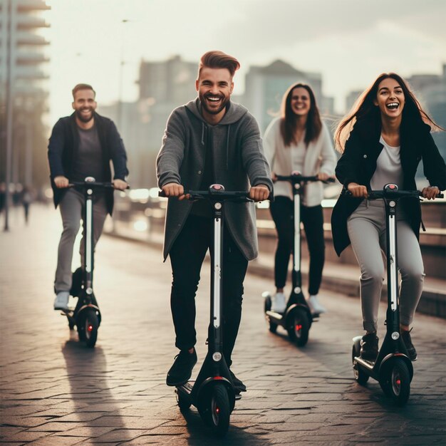 People riding scooters transport photo