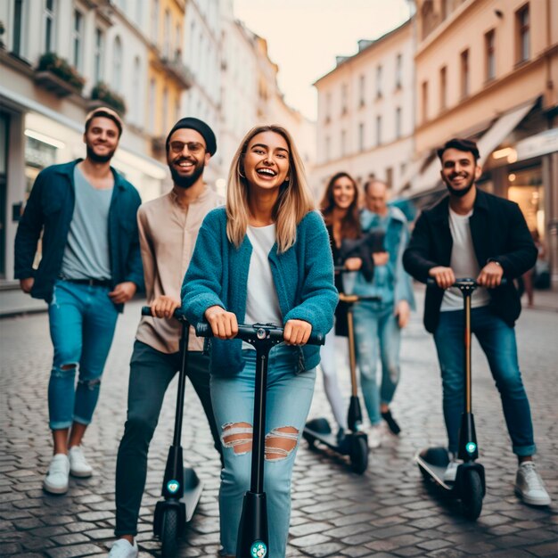 People riding scooters transport photo