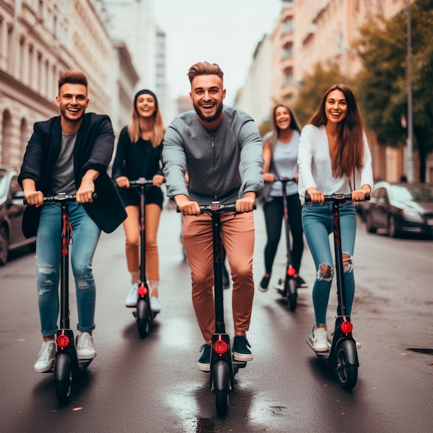 People riding scooters transport photo