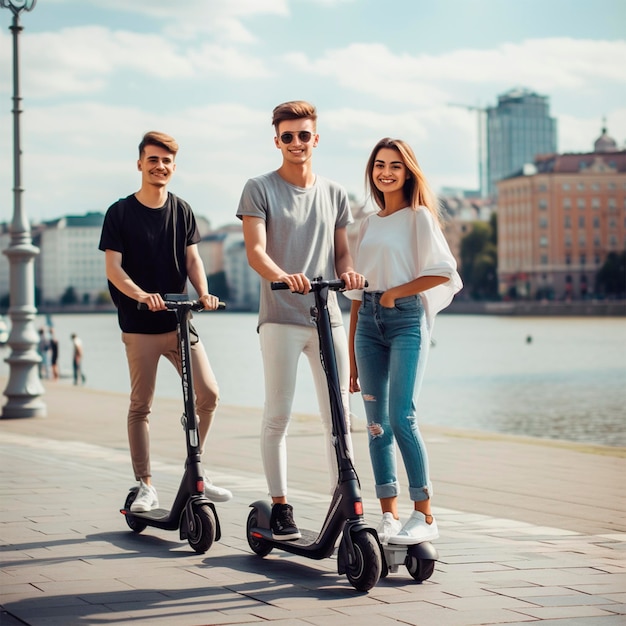 People riding scooters transport photo