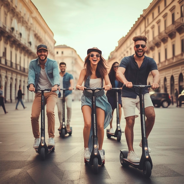 People riding scooters transport photo