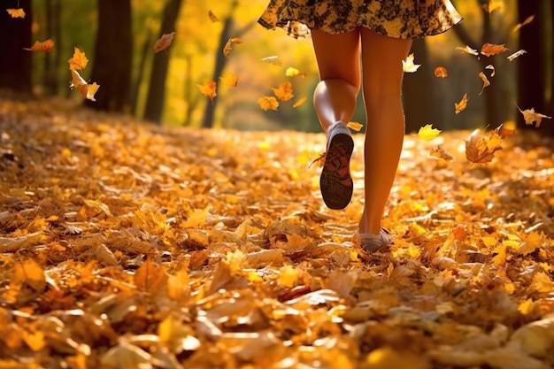 People running among autumn leaves