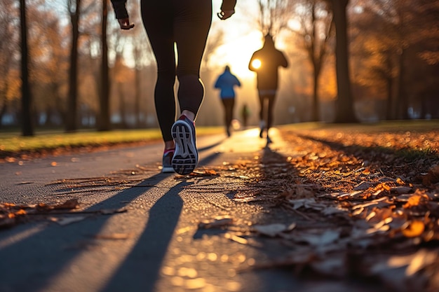 People running among autumn leaves