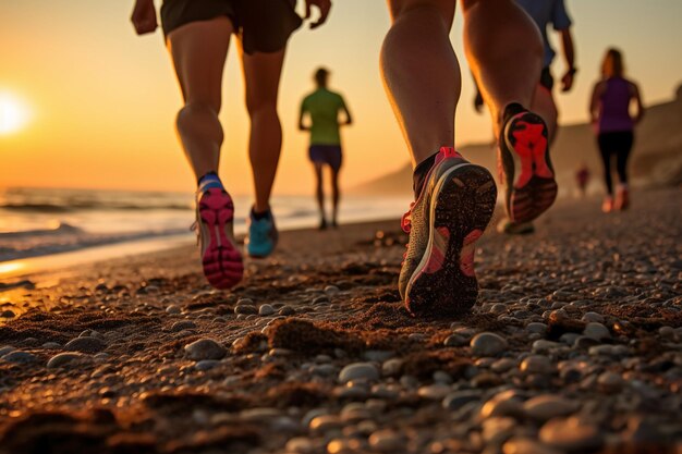 People running on a beach with a sunset in the background