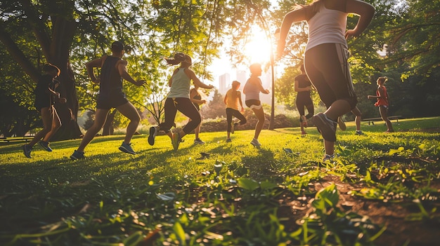 写真 晴れた日に公園で走っている人々彼らは皆スポーツ服を着ており走りを楽しんでいるように見えます