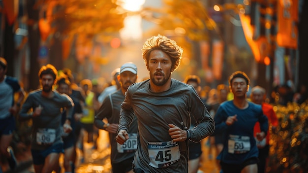 People running marathon race in the streets in summer Generative AI