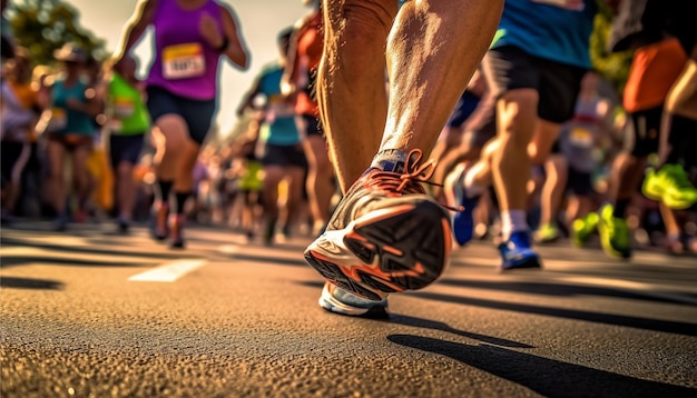 마라톤을 달리는 사람들 마라톤에서 달리는 군중 많은 달리기자들이 출발이나 결승선을 통과합니다.
