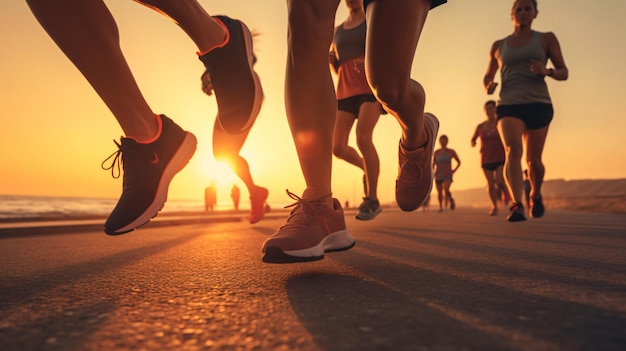 People running in a sunset with the sun setting behind them