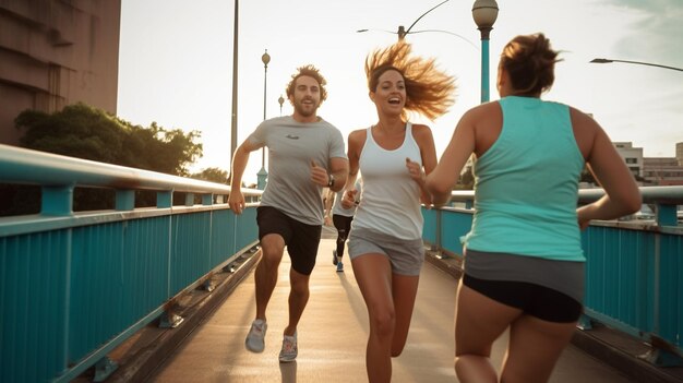 Photo people running together on the street ai generated