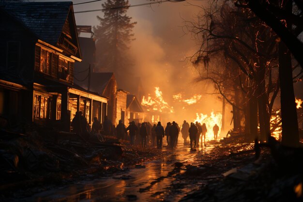 People in scenes with extreme weather conditions fire and smoke some houses destroyed and trees fa