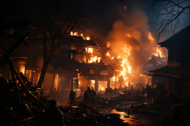 People in scenes with extreme weather conditions fire and smoke some houses destroyed and trees fa