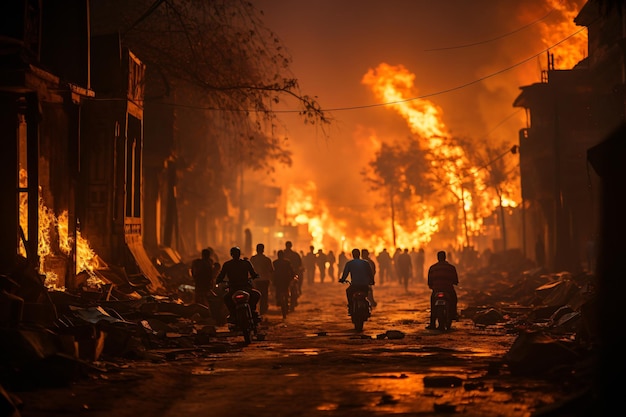 People in scenes with extreme weather conditions fire and smoke some houses destroyed and trees fa